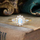 Vintage Halo Cluster Oval Cut Moonstone Engagement Ring